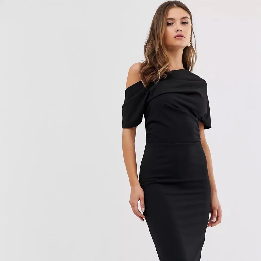 NWT ASOS off shoulder midi pencil dress in black